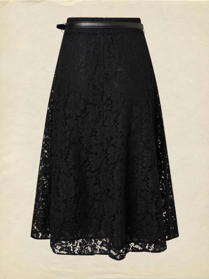 Maxi  Skirt, Floral, Lace, Vacation, Vintage, Black - Black