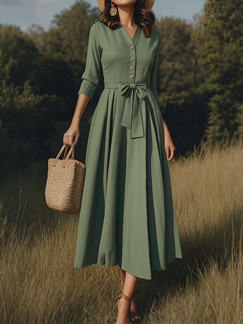 Midi Cotton Dress, Casual, Plain, Pocket Stitching, Half Open Collar, Half Sleeve, Vintage, Green  - Green