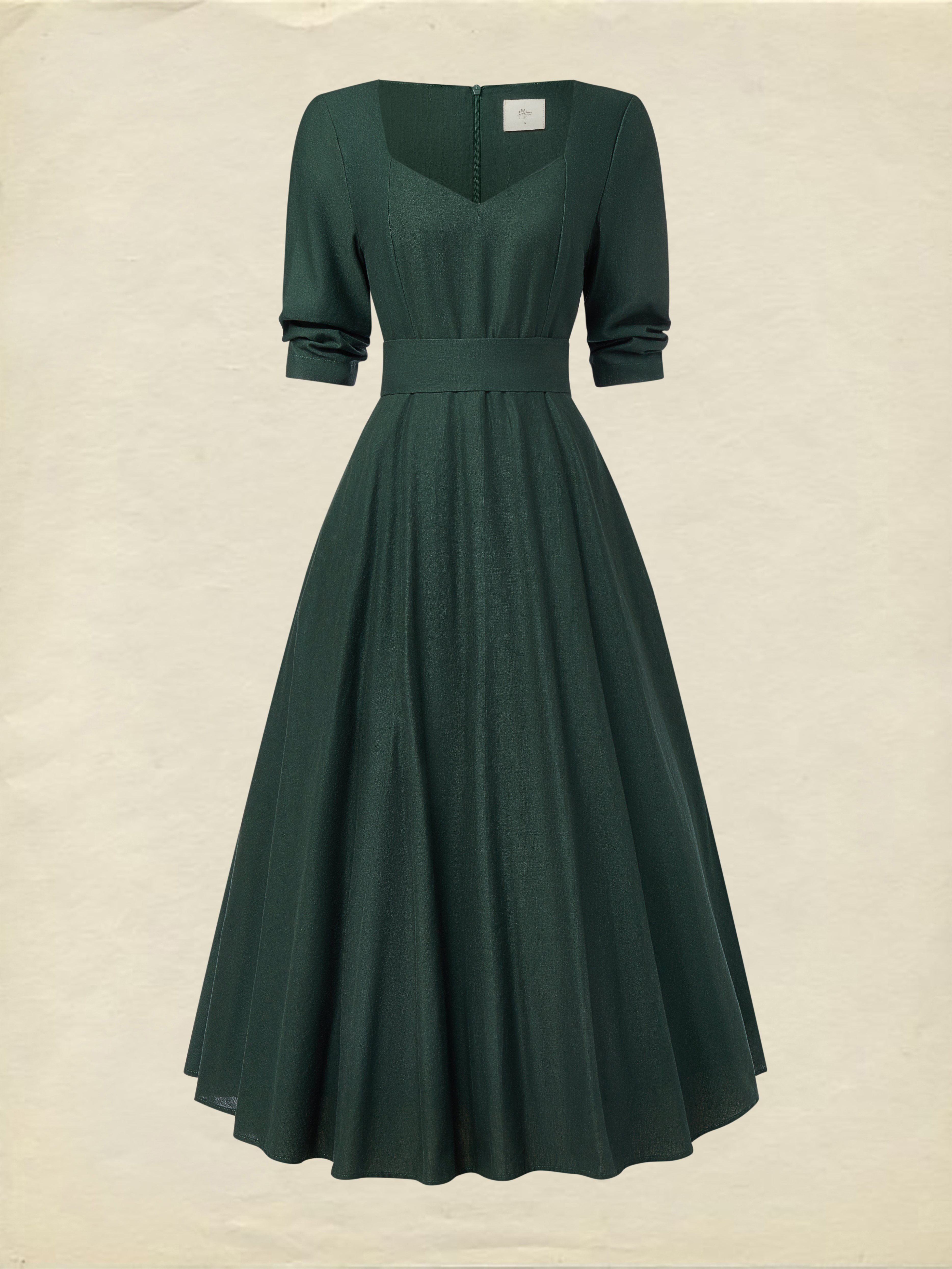 Midi Linen Dress , Half Sleeve, Sweetheart Neck, Plain, Vintage, Deep Green - Deep Green