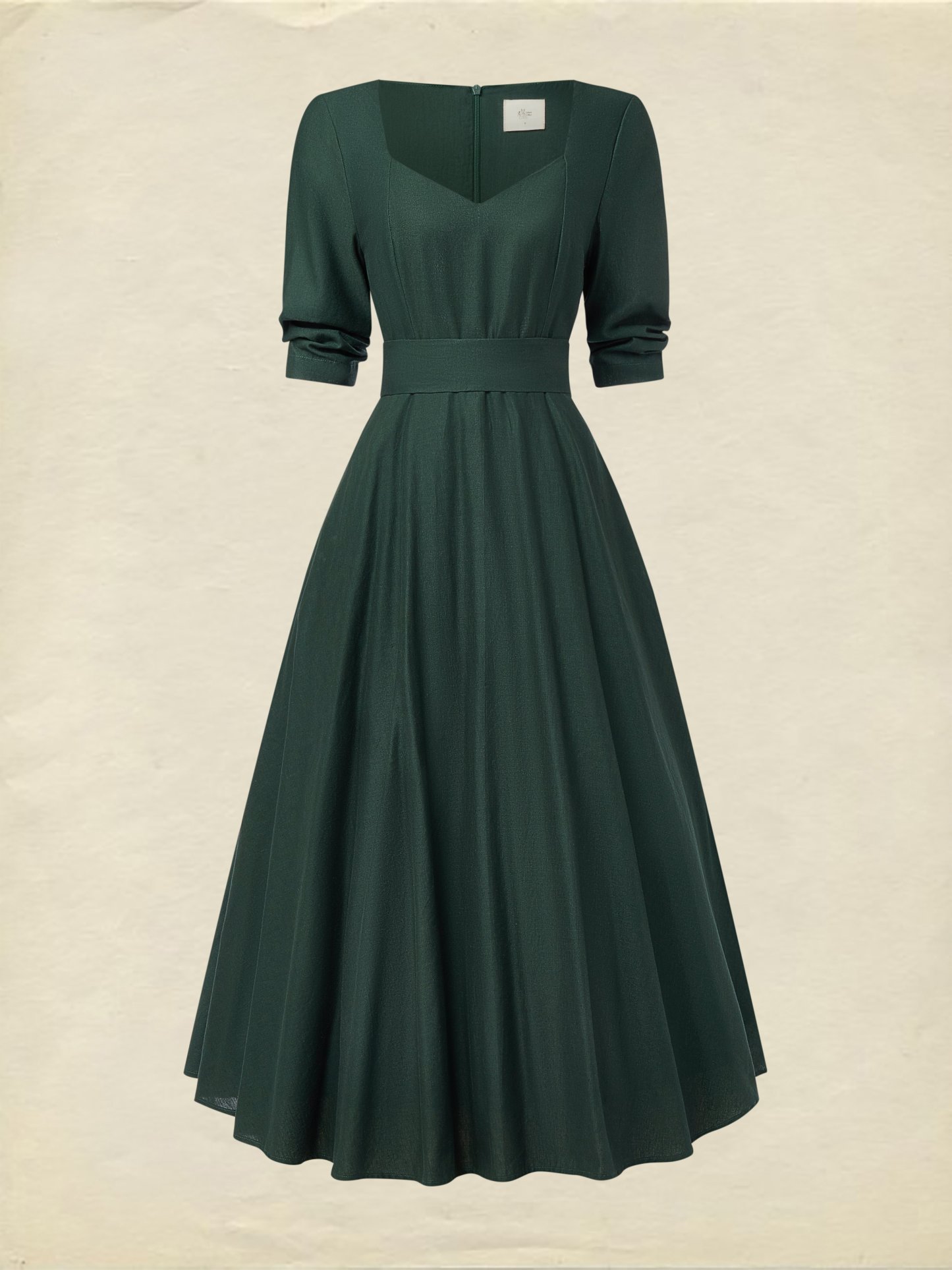 Midi Linen Dress , Half Sleeve, Sweetheart Neck, Plain, Vintage, Deep Green - Deep Green