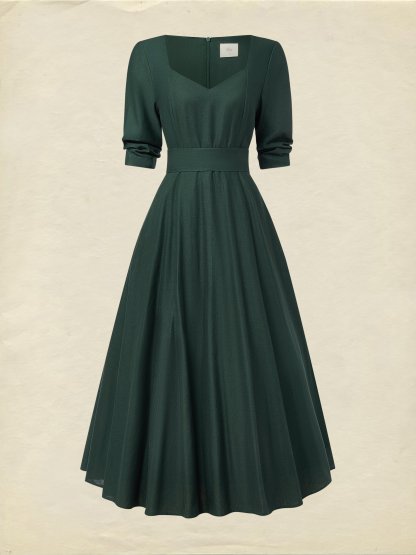 Midi Linen Dress , Half Sleeve, Sweetheart Neck, Plain, Vintage, Deep Green - Deep Green