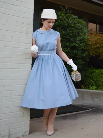 Linen Midi Dress, Sleeveless, Crew Neck, Plain, Vintage, Blue - Blue