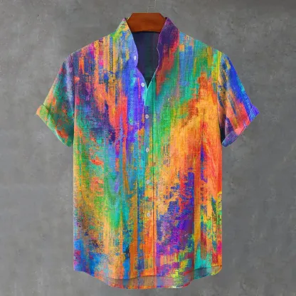 Vintage Rainbow Mottled Art Cat Print Casual Cotton Shirt - Muticolor