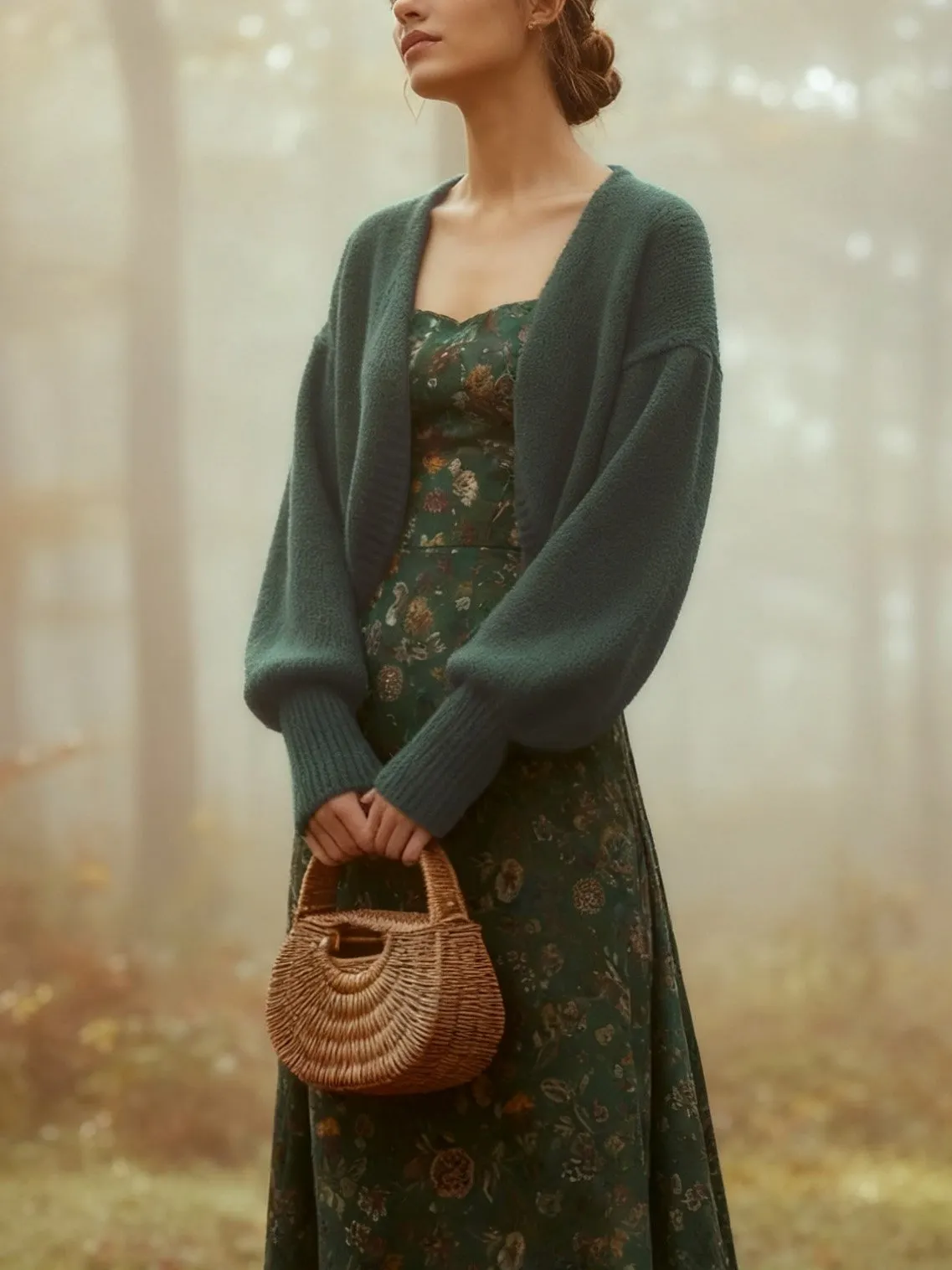 Wool Cardigan, Long Sleeves, Plain, Vintage, Green - Green
