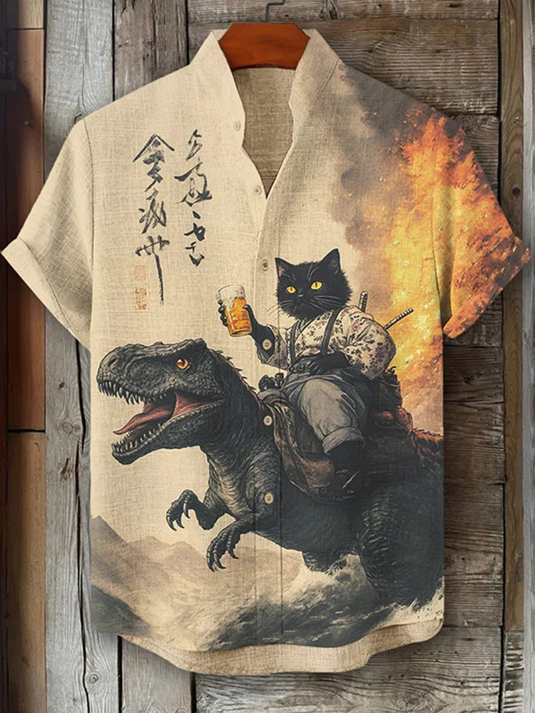 Men's Black Cat Samurai Dinosaur With Beer Print Short Sleeve Shirt - Beige