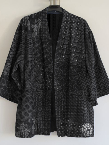 Japanese Traditional Sashiko Art Linen Blend Kimono Cardigan - Black