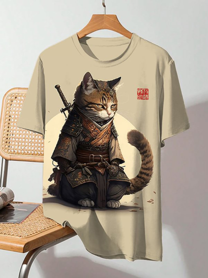 Men's Japanese Style Samurai Cat Art Print Short Sleeve T-Shirt - Khaki