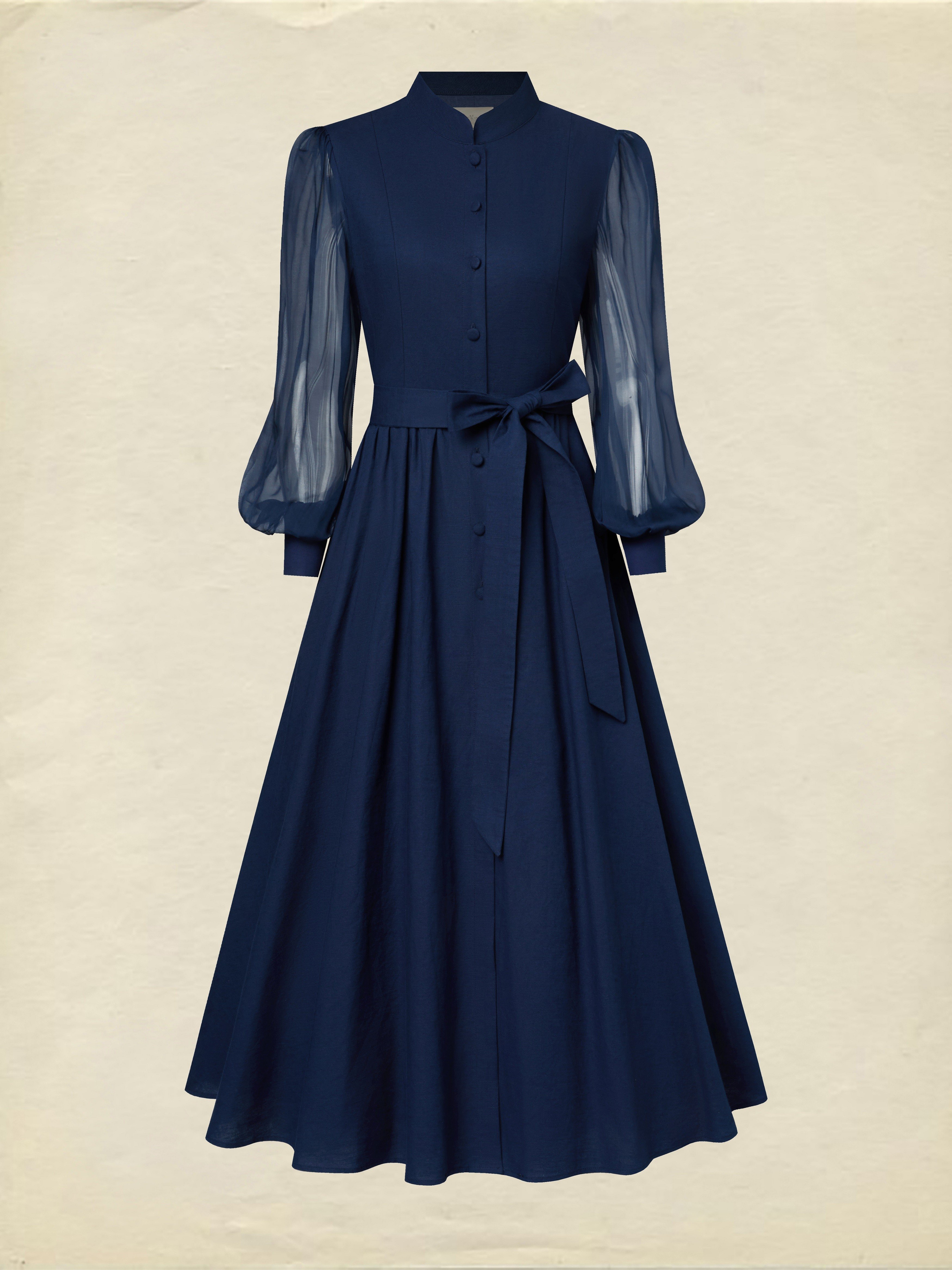 Maxi Cotton Dress, Long Sleeves, Stand Collar, Plain, Belt Design, French Vintage, Blue Purple - Blue Purple