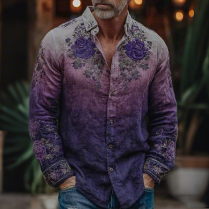 Men's Vintage Purple Flower Gradient Art Print Long Sleeve Shirt - Purple