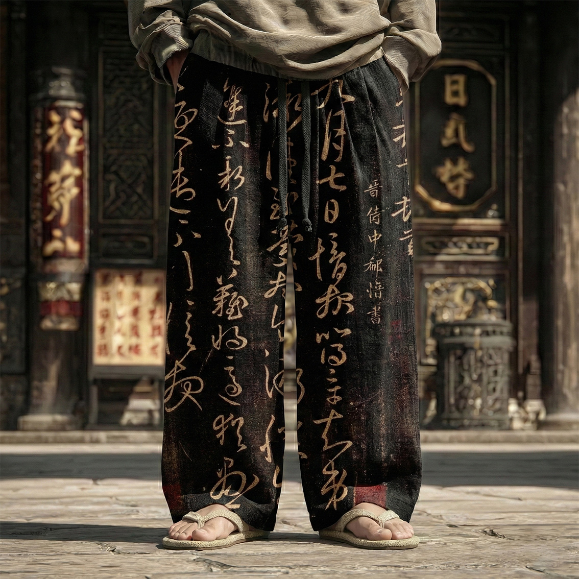 Men's Vintage Calligraphy Art Print Casual Linen Blend Pants - Black