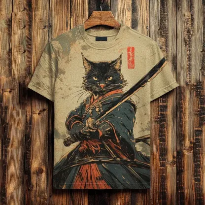 Men's Black Cat Samurai Japanese Art Print Casual T-shirt - Khaki