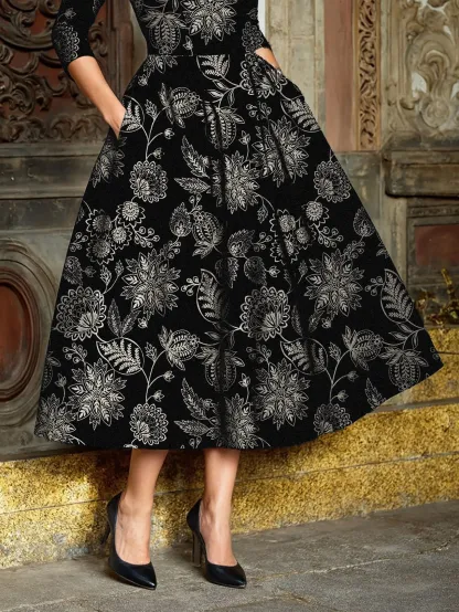 Midi Linen Dress, Half Sleeve, Stand Collar, Paisley, Floral, Pocket Design, Vintage, Black - Black