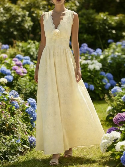 Maxi Cotton Dress, Sleeveless, V Neck, Plain, Lace, Vintage, White - Light Yellow