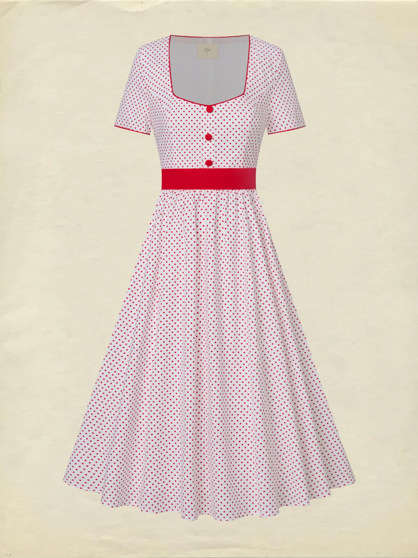 Cotton Maxi Dress, Short Sleeve, Square neck, Polka Dots, Vintage, White，Pure cotton - White