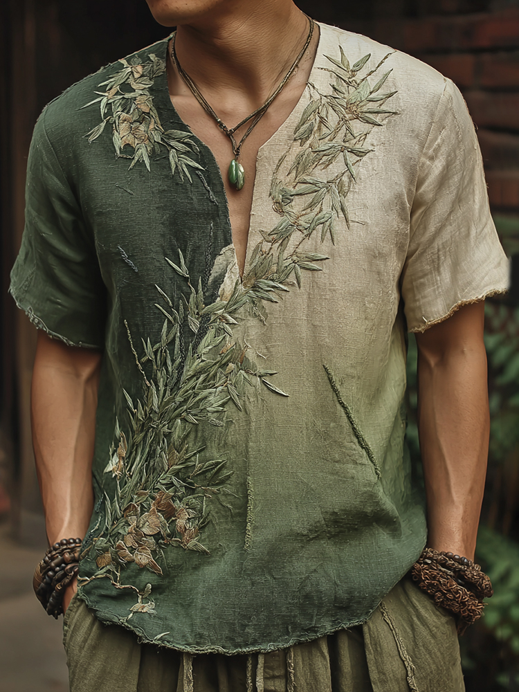 Men's Bamboo Embroidery Gradient V-neck Short Sleeve Linen Blend Shirt - Green beige