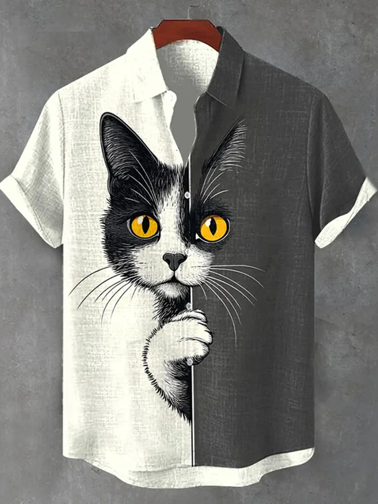 Men's  The Peeping Cat Colorblock Art Casual Short Sleeve Shirts - Black white