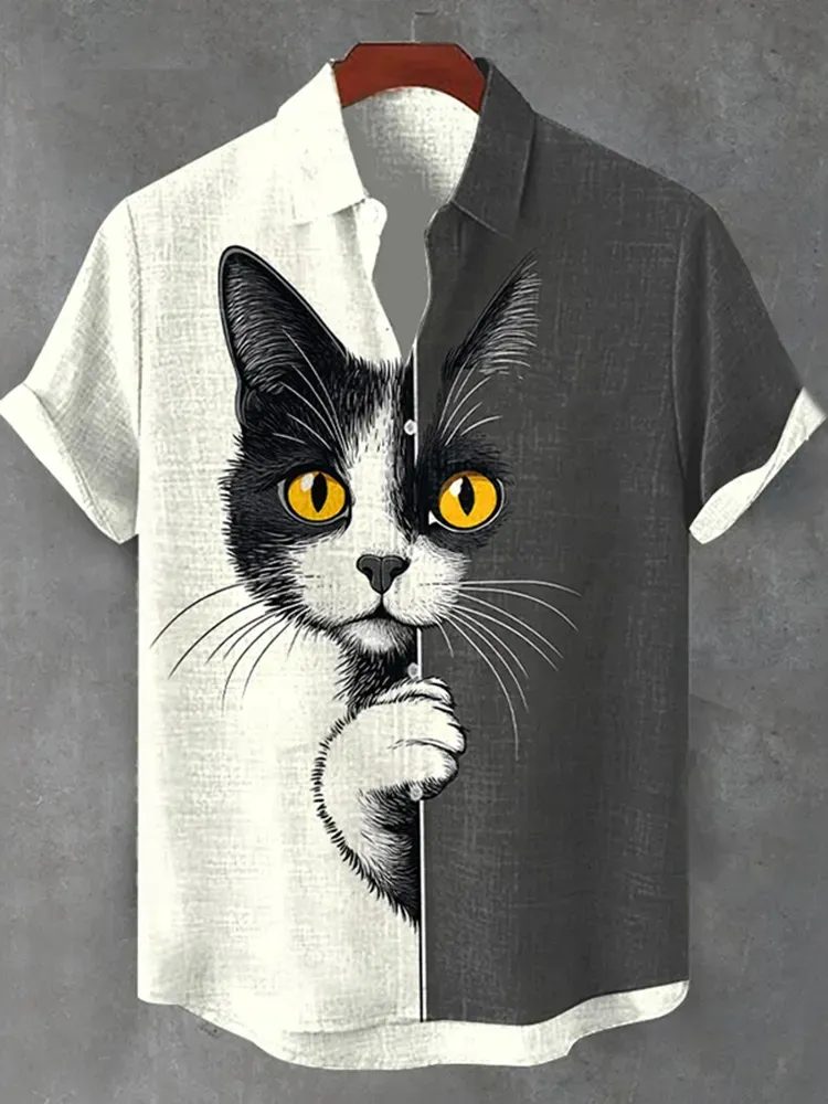 Men's  The Peeping Cat Colorblock Art Casual Short Sleeve Shirts - Black white