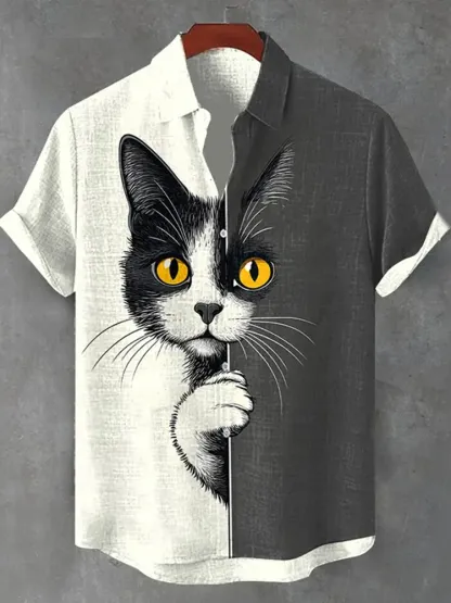 Men's  The Peeping Cat Colorblock Art Casual Short Sleeve Shirts - Black white