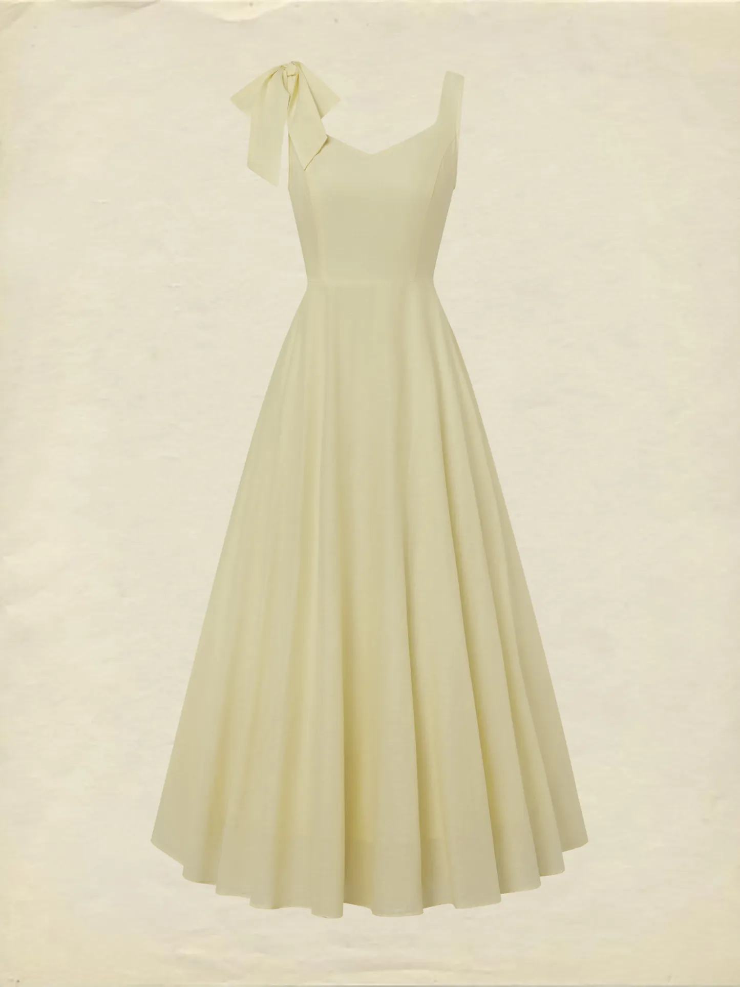 Maxi Linen Dress, Sleeveless, Square Neck, Plain, Bow, French Vintage, Light Yellow - Light Yellow
