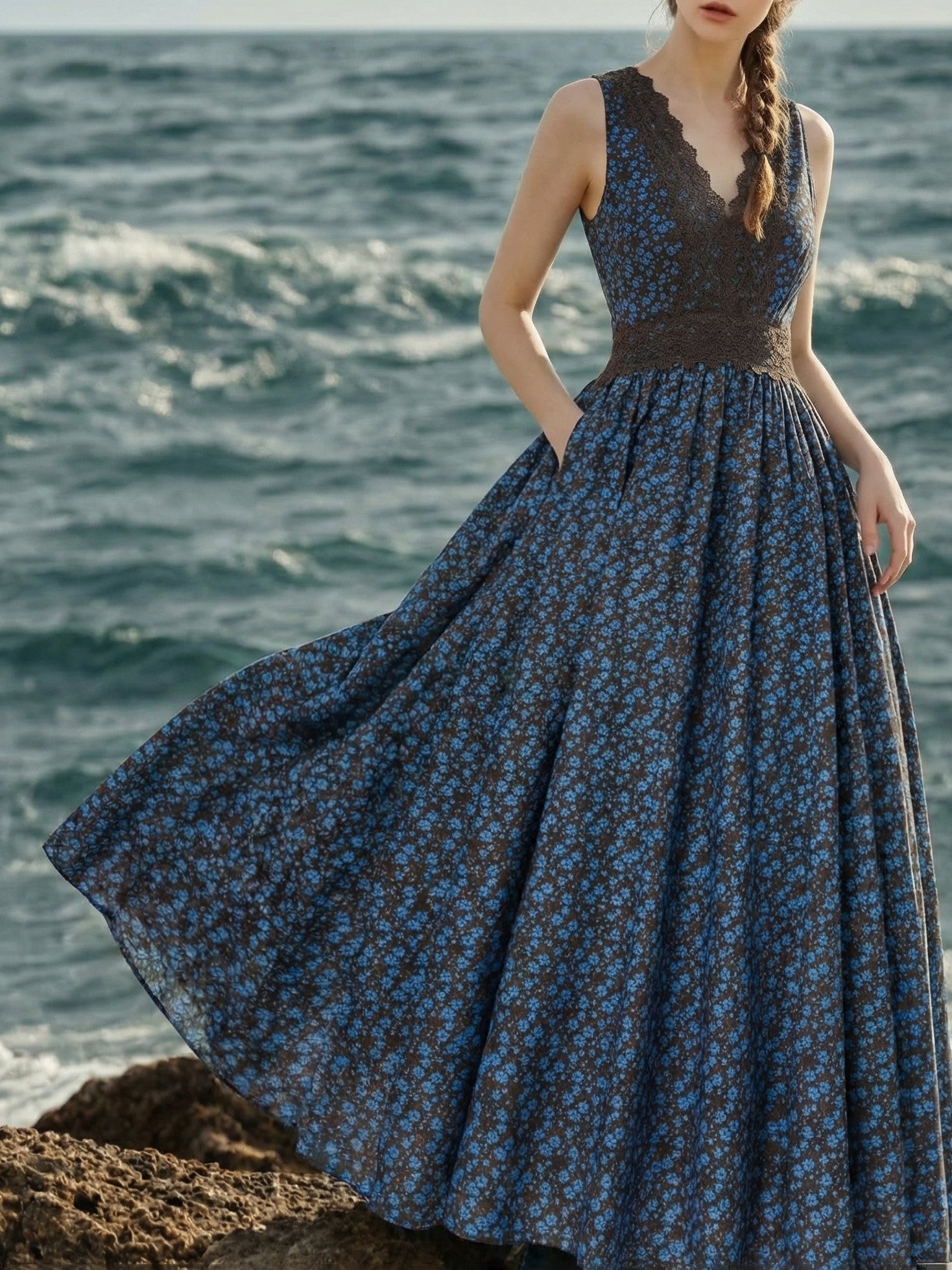 Maxi Cotton Dress, Sleeveless, V Neck, Floral, Lace, Vintage, Blue - Blue