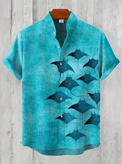 Men's Manta Rays Art Print Linen Blend Casual Shirt - Blue