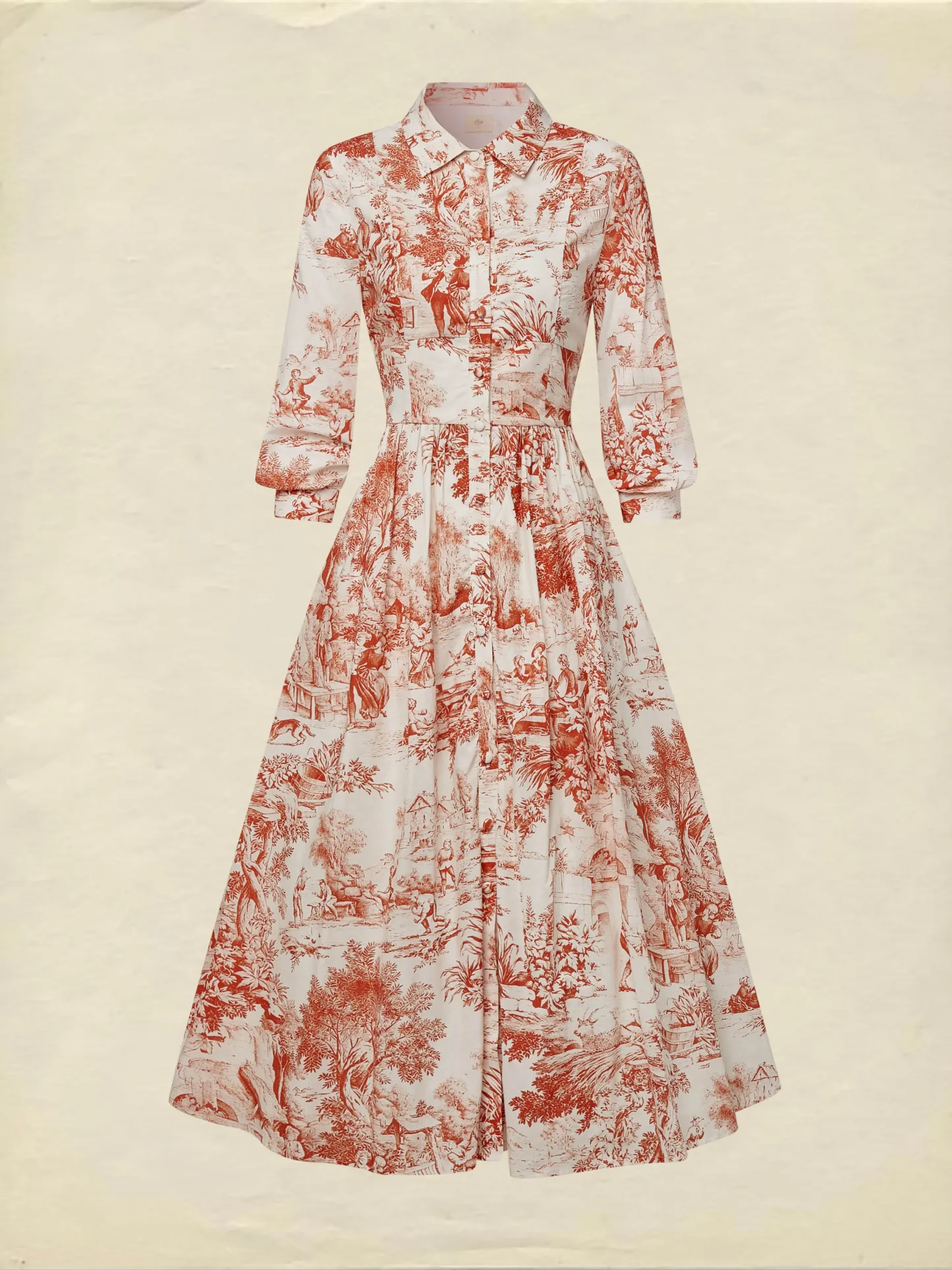Maxi Linen Dress, Half Sleeve, Shawl Collar, Floral, Button Design, French Vintage, White - White