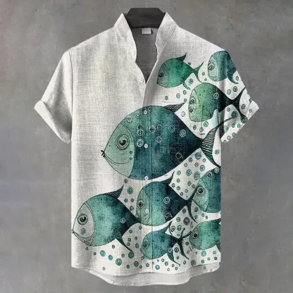 Vintage Fish Art Print Casual Cotton Linen Shirt - White