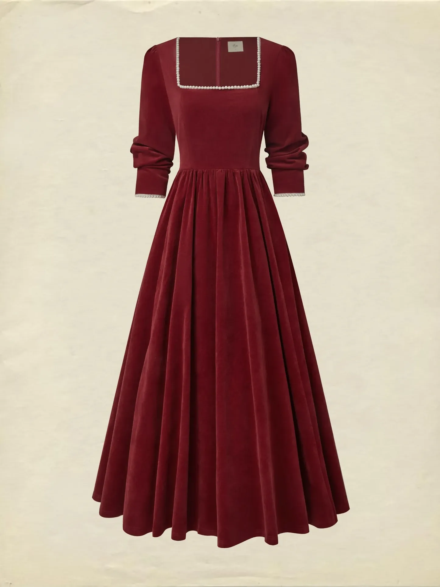 Maxi Cotton Dress, Half Sleeve, Square Neck, Plain, Pocket Design, Vintage, Red - Red