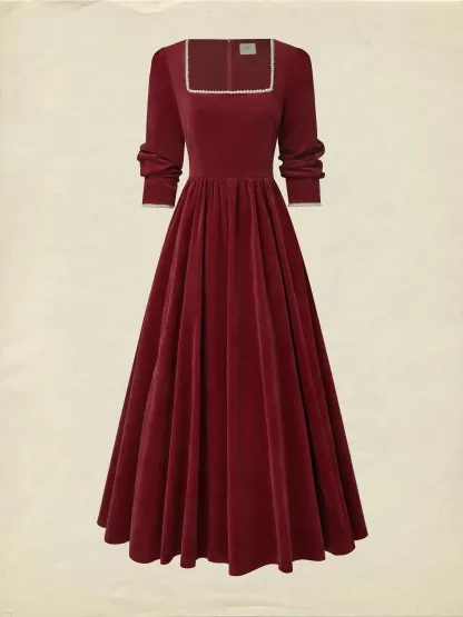 Maxi Cotton Dress, Half Sleeve, Square Neck, Plain, Pocket Design, Vintage, Red - Red