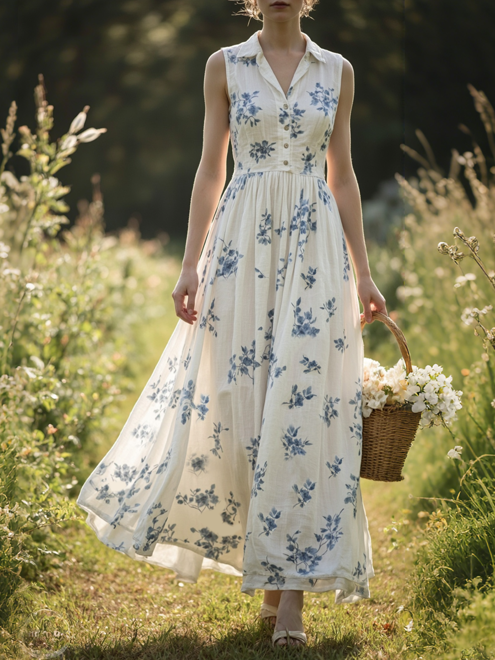 Linen Maxi Dress, Sleeveless, Shawl Collar, Floral , Vintage, White - White