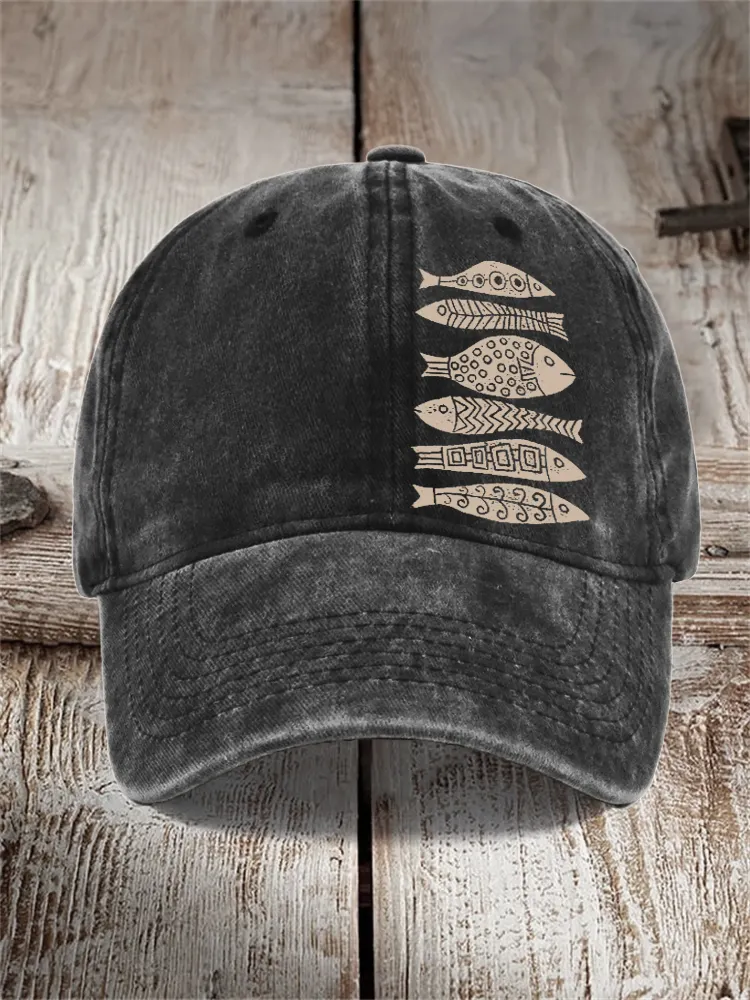Fish Japanese Lino Art Washed Cap - Black