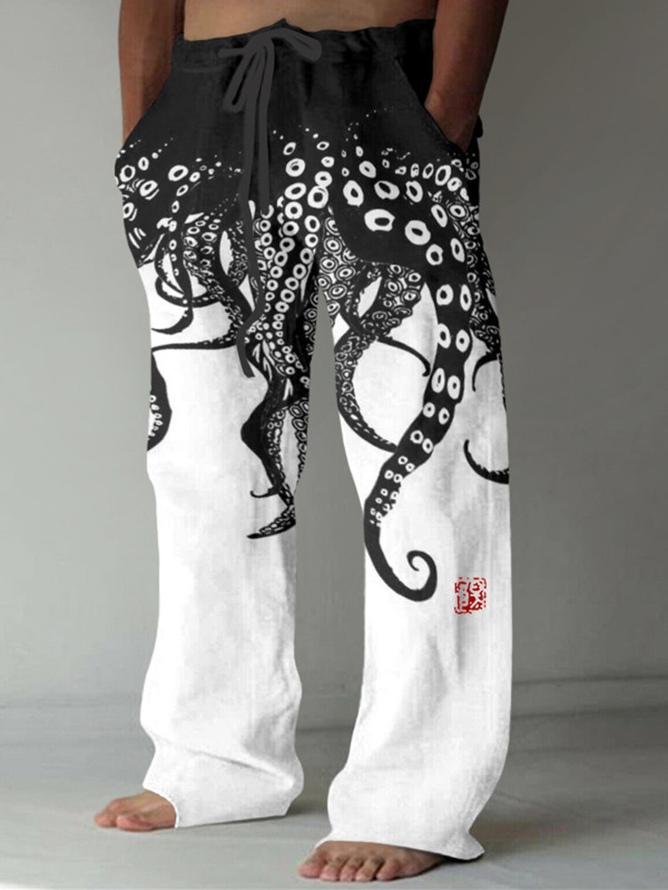 Vintage Japanese Art Octopus Legs Print Casual Linen Blend Pants - Black