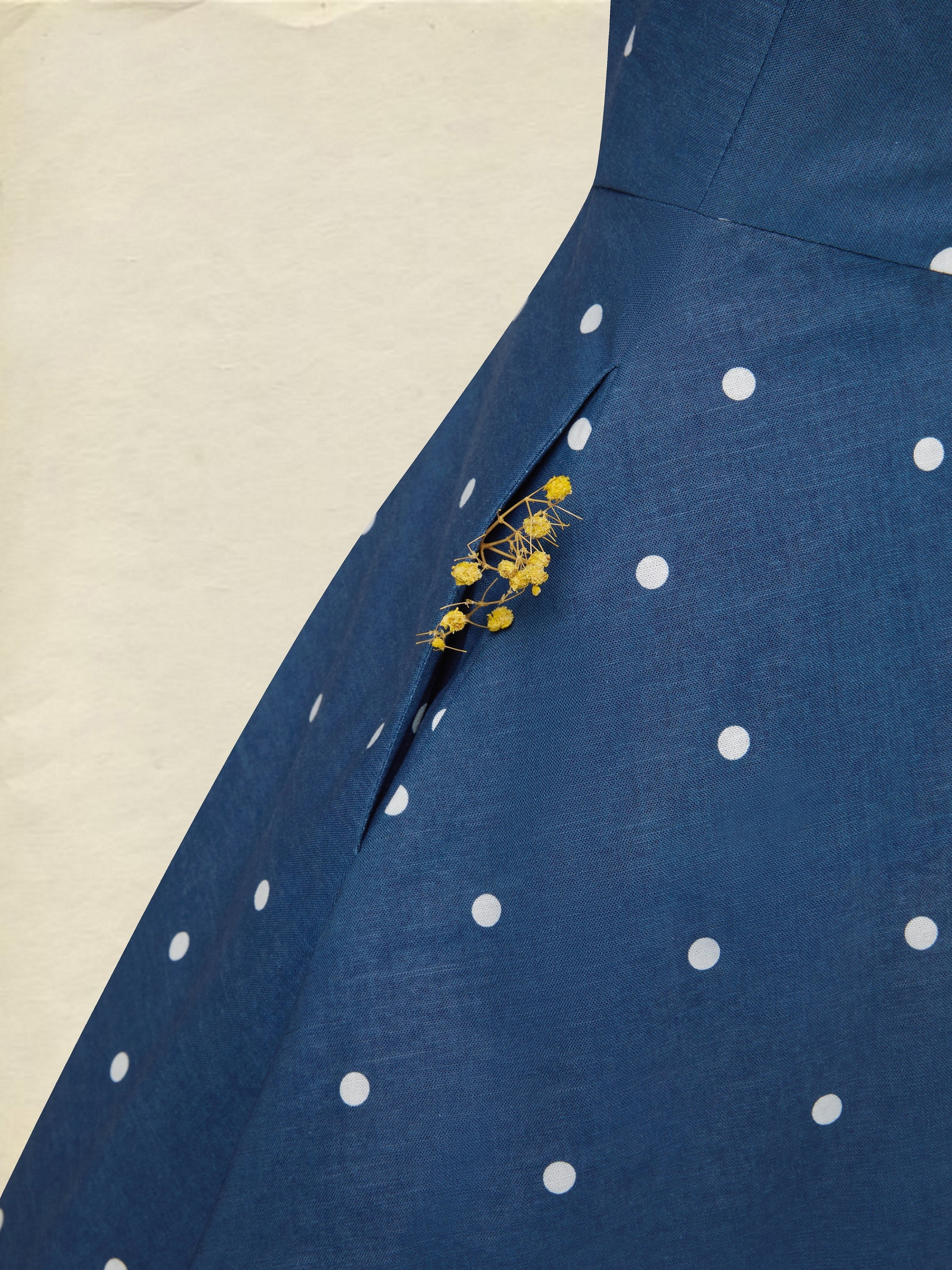 Midi Cotton Dress, Sleeveless, Square Neck, Polka Dots, Pocket Design, French Vintage, Deep Blue - Deep Blue