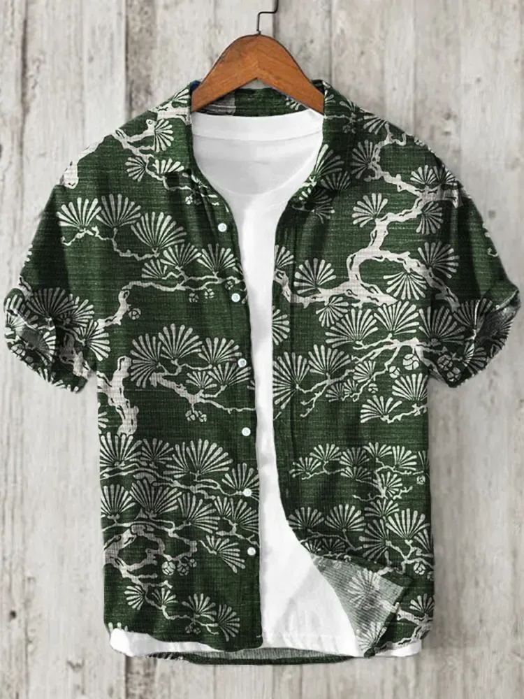 Pine Trees Japanese Lino Art Pattern Linen Blend Shirt - Blue