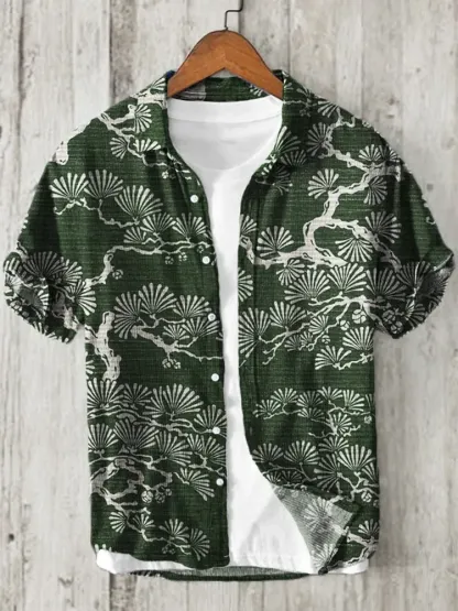 Pine Trees Japanese Lino Art Pattern Linen Blend Shirt - Blue