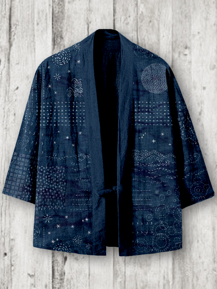 Vintage Japanese Sashiko Art Linen Blend Kimono Cardigan - Black