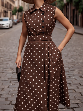Midi Cotton Dress , Sleeveless, Shawl Collar, Polka Dots, Button Design, French Vintage, Purplish Blue - Purplish Blue