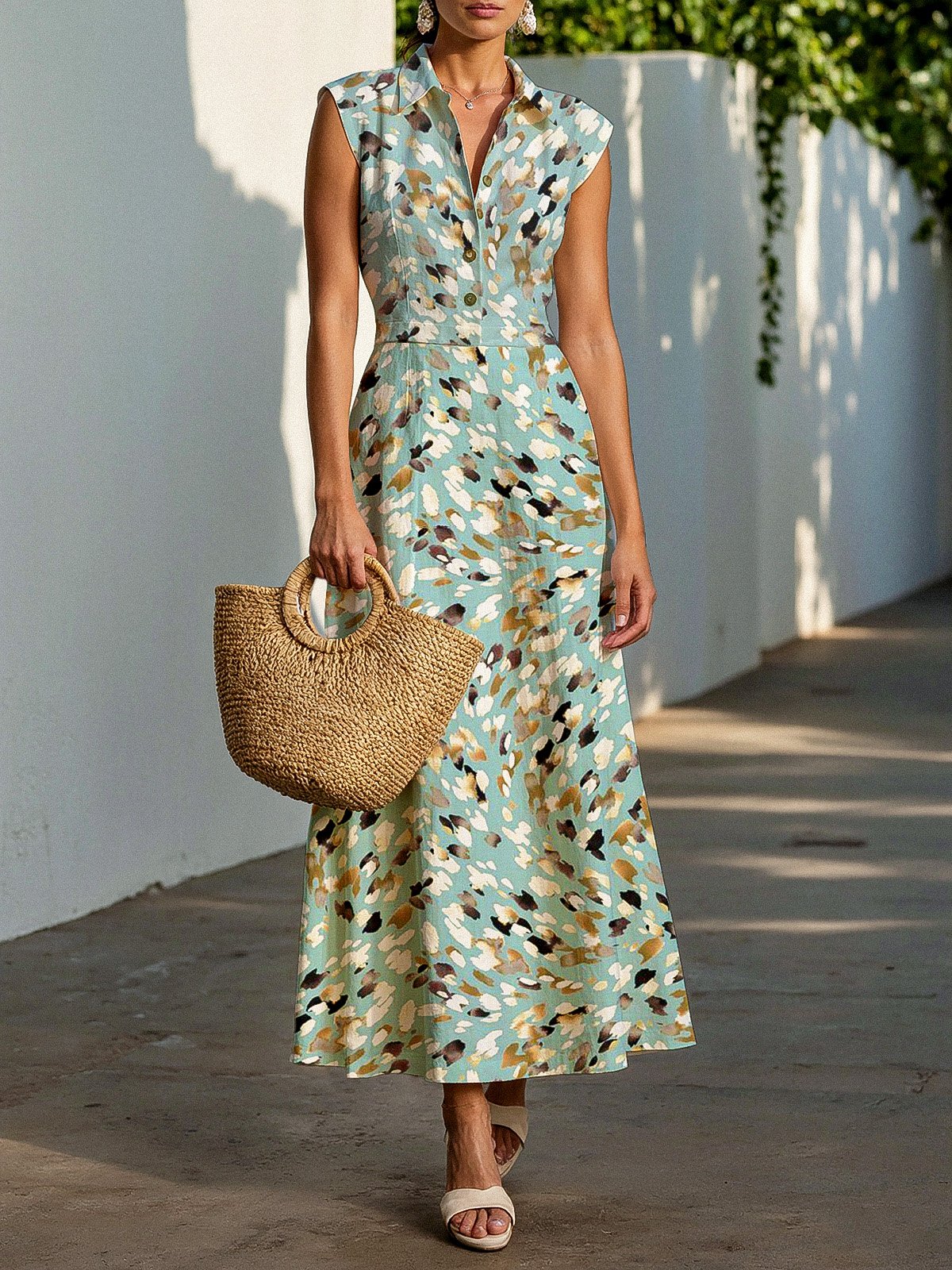 Maxi Linen Dress, Cap Sleeves, Shawl Collar, Leopard, Animal Print, Button Design, Vacation, Vintage, mint - mint