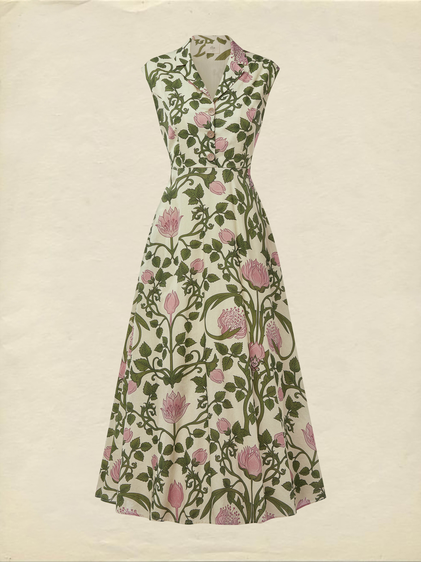(SIZE:XS-XXL) Midi Linen Dress , Cap Sleeves, Shawl Collar, Floral, Button Design, Vintage, Green - Green