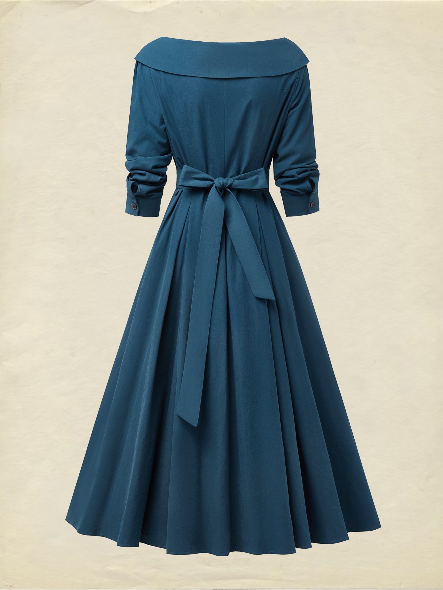 Midi Cotton Dress, Half Sleeve, V Neck, Plain, Button Design, French Vintage, Navyblue - Navyblue