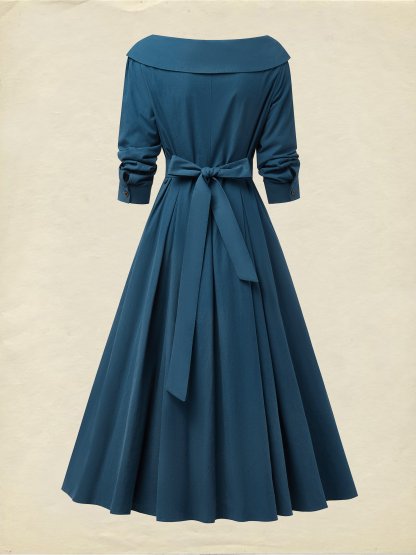 Midi Cotton Dress, Half Sleeve, V Neck, Plain, Button Design, French Vintage, Navyblue - Navyblue