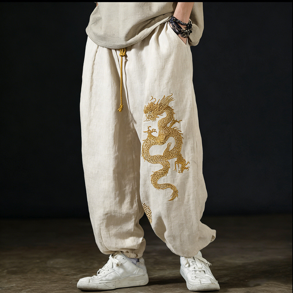 Men's Casual Cotton And Linen Wide-leg Pants With Dragon Patterns And Embroidered Floral Patterns - Black