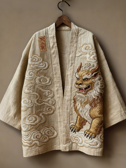 Retro Japanese Art Linen Blend Kimono Cardigan - Khaki