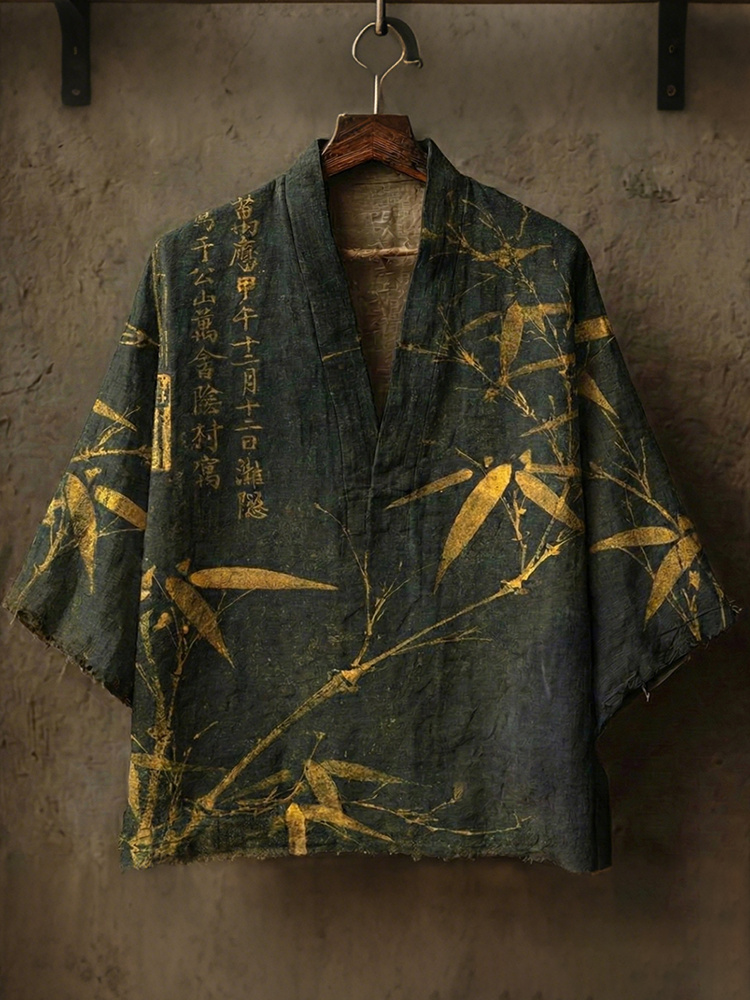 Men's Retro Bamboo Calligraphy Art Print Casual Linen Kimono - Green