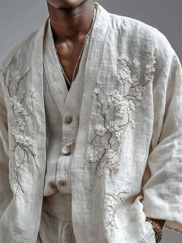 Men's Almond Blossom Fiber Art Linen Kimono Cardigan - White
