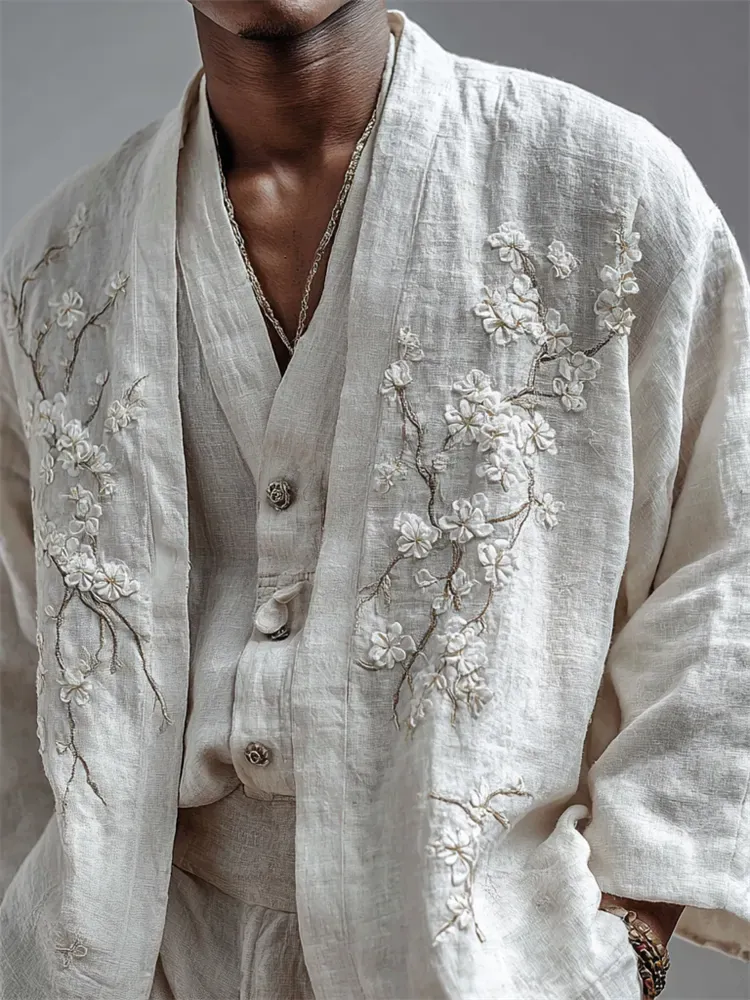 Men's Almond Blossom Fiber Art Linen Kimono Cardigan - White