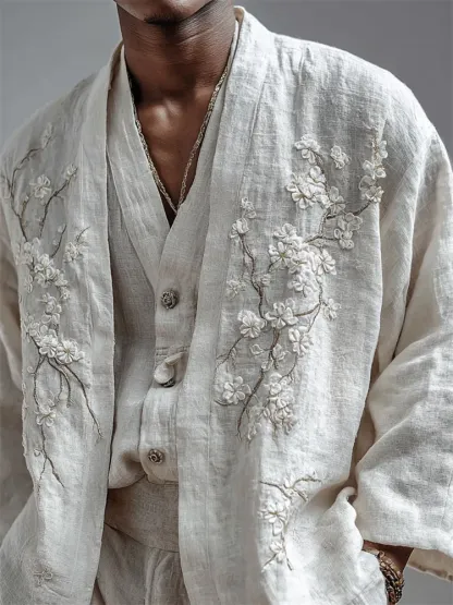 Men's Almond Blossom Fiber Art Linen Kimono Cardigan - White