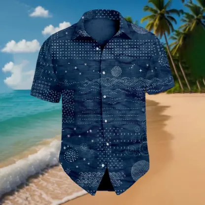 Men's Japanese Traditional Sashiko Art Beach Linen Shirt - Black