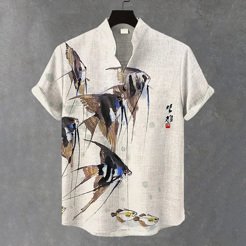 Men's Elegant Schools Of Fish Ink Art Print Short Sleeve Shirt - Light gray