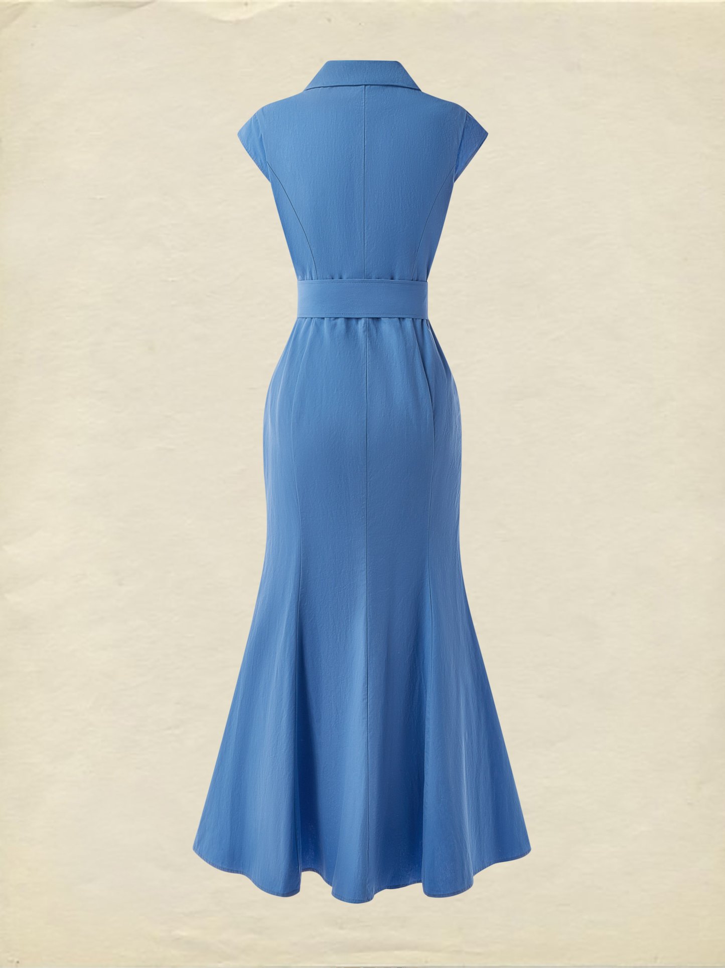 (SIZE:XS-XXL) Cotton Maxi Dress, Cap Sleeve, Lapel Collar, Plain, Vintage, Blue - Blue